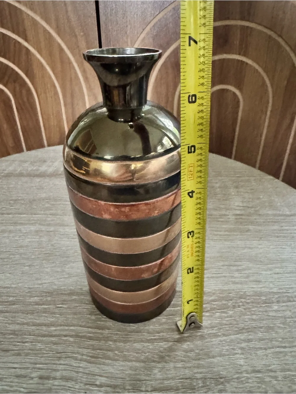 Decorative Striped Solid Brass Vase in Metallic Bronze and Copper